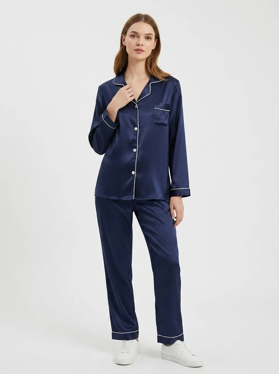 Silk Satin PJ Set – Luxury Nightwear Navy (SJ-02)