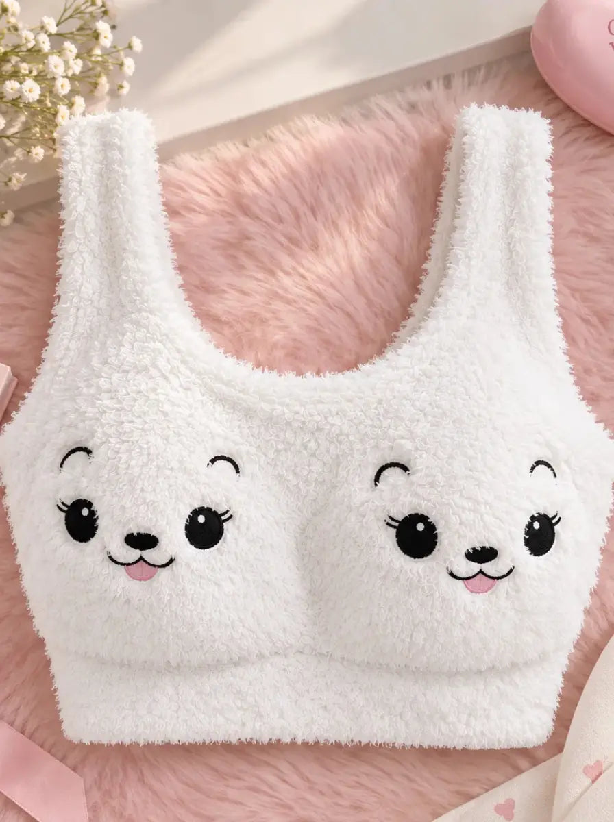 Fluffy Puppy Fleece Bralette – Cute Puppy Design | White
