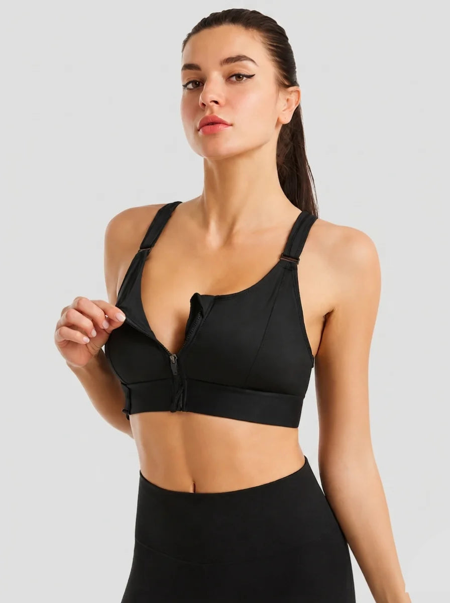 Front Zip High-Support Casual Sports & Gym Bra - Black