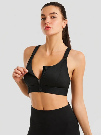 Front Zip High-Support Casual Sports & Gym Bra - Black