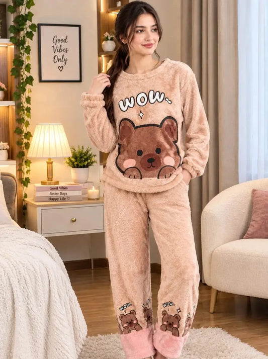 Wow Bear Fleece Pajama Set for Women – Winter Night Suit