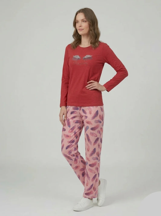 Feather Print Blended PJ Set for Women – Soft Full Sleeve Nightwear