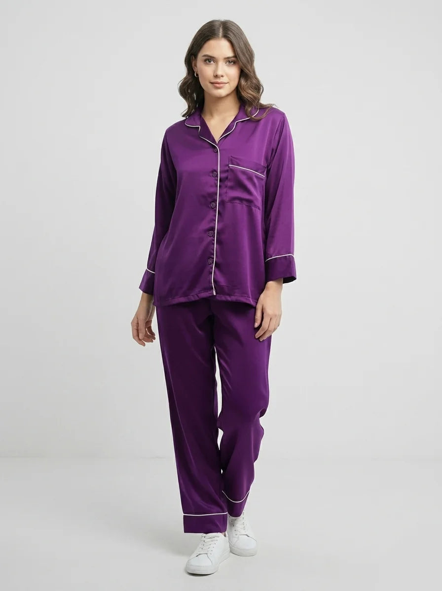 Silk Satin PJ Set – Luxury Nightwear Purple (SJ-03)