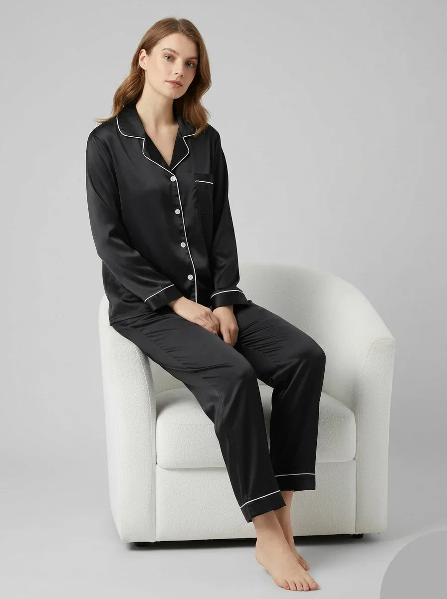 Silk Satin PJ Set – Luxury Nightwear Black (SJ-01)
