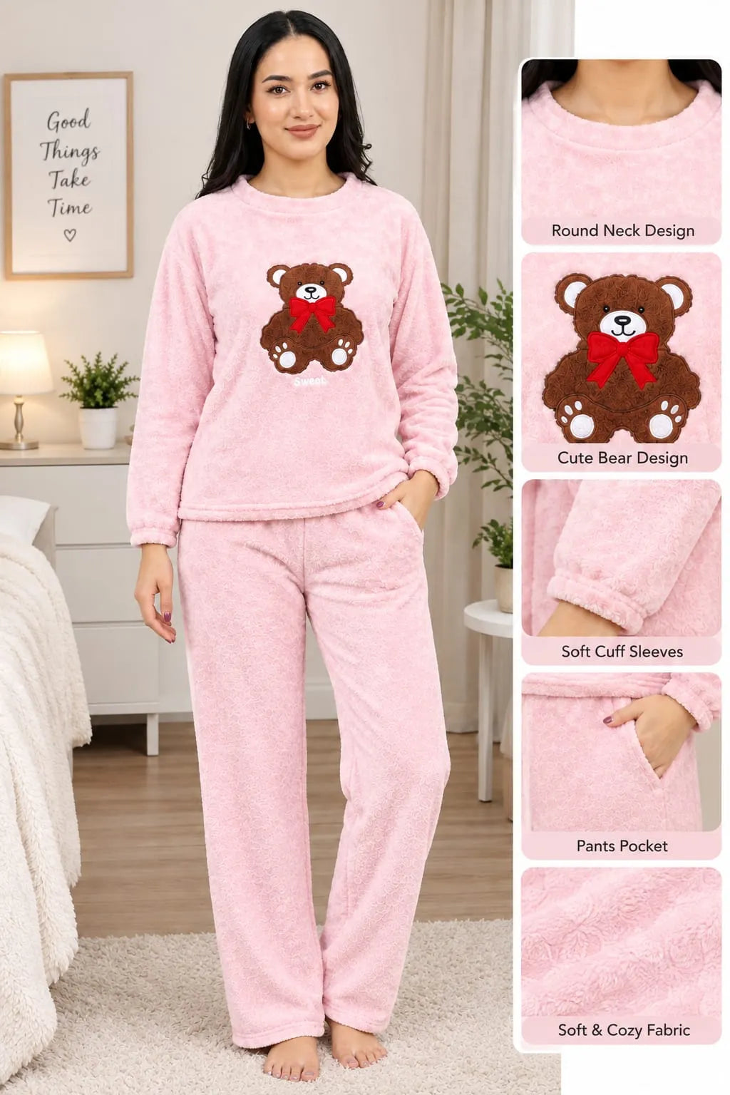 Teddy Bear Fleece Pajama Set for Women – Pink Night Suit