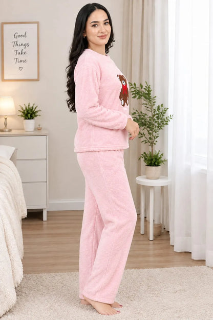 Teddy Bear Fleece Pajama Set for Women – Pink Night Suit