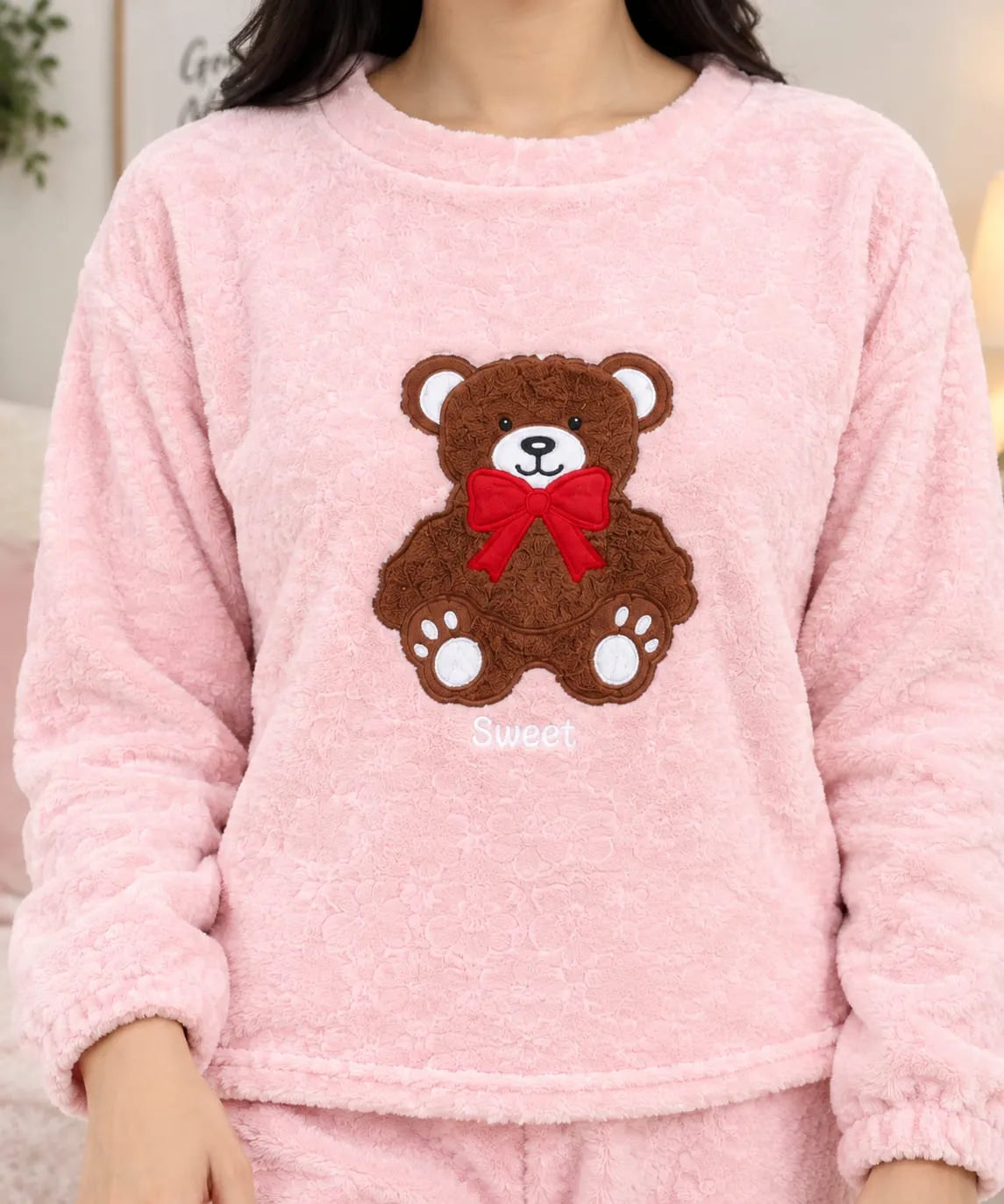 Teddy Bear Fleece Pajama Set for Women – Pink Night Suit