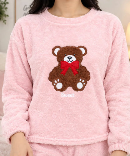 Teddy Bear Fleece Pajama Set for Women – Pink Night Suit