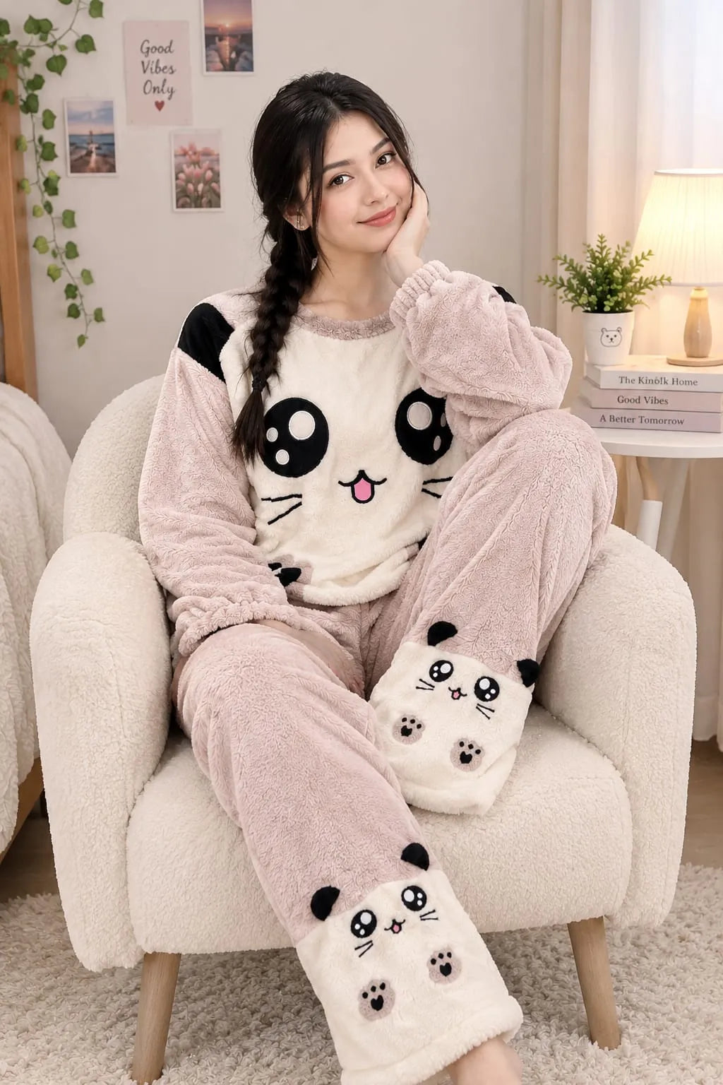 Kitty Face Fleece Pajama Set for Women – Winter Night Suit