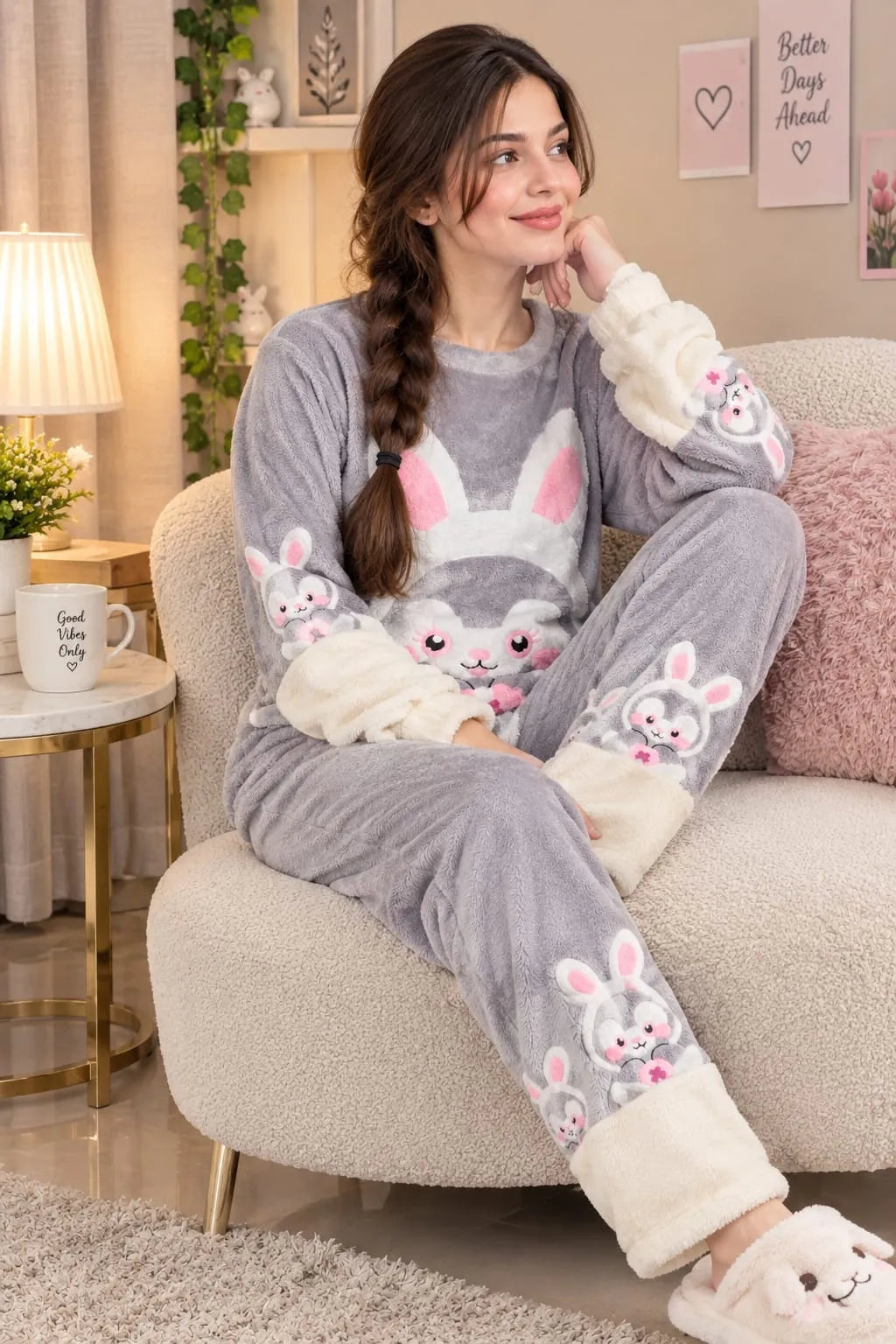 Bunny Fleece Pajama Set for Women – Winter Night Suit