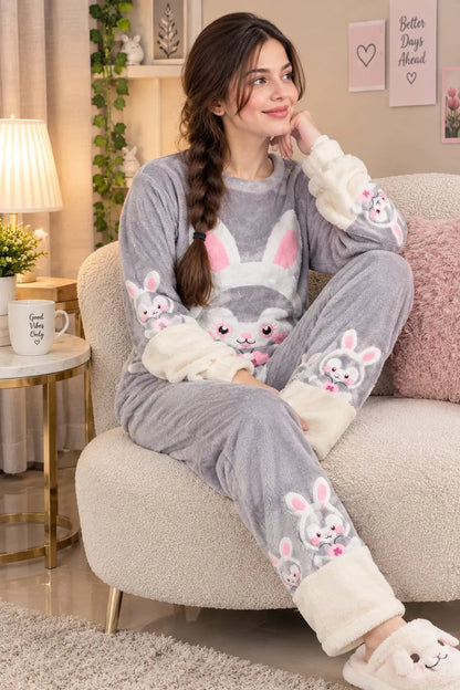 Bunny Fleece Pajama Set for Women – Winter Night Suit