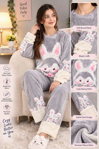 Bunny Fleece Pajama Set for Women – Winter Night Suit