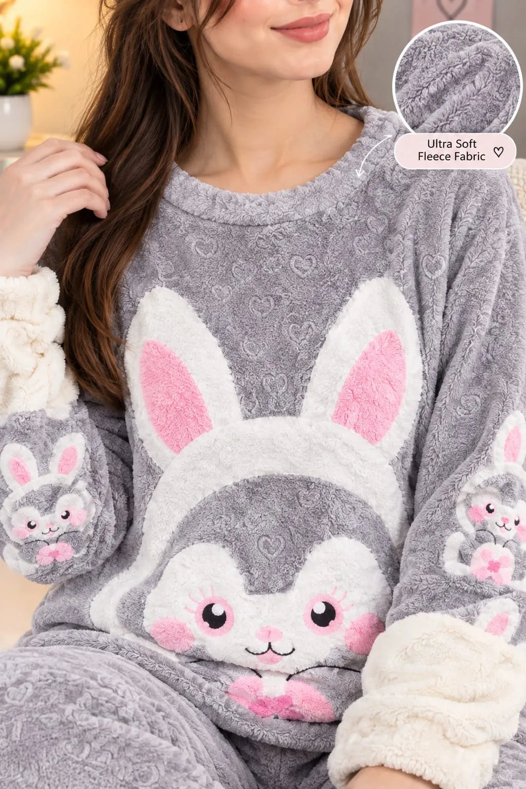 Bunny Fleece Pajama Set for Women – Winter Night Suit