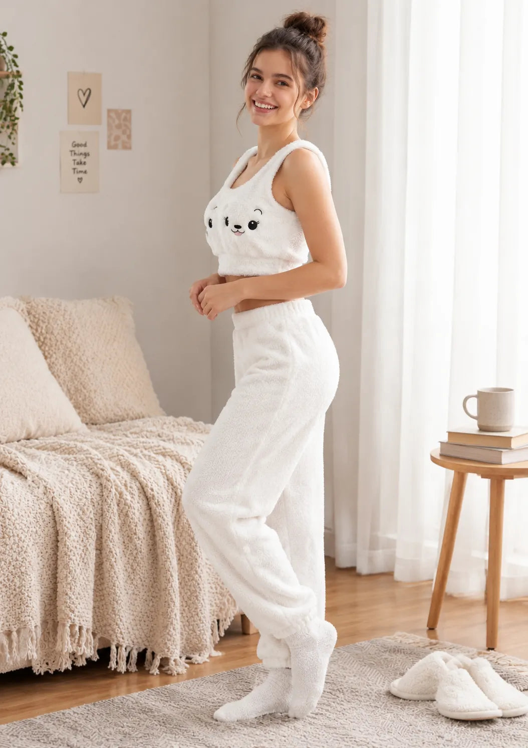 Fluffy Puppy Fleece Bralette – Cute Puppy Design | White